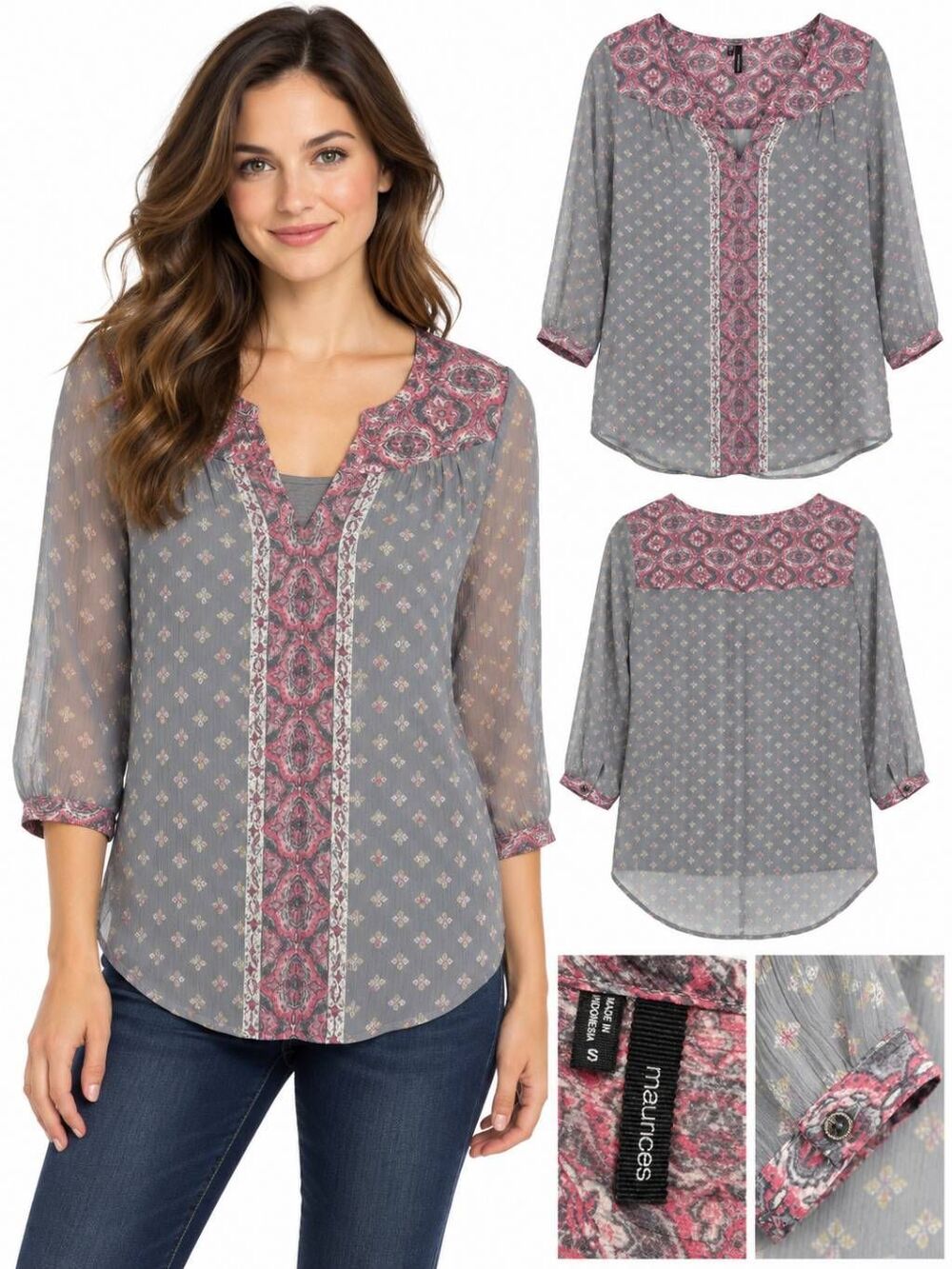 Maurices Small Gray Pink Medallion Sheer Boho Blouse
